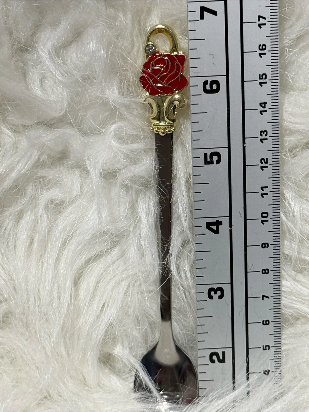 Vintage Red Rose Decorative Iced Tea Souvenir Spoon Gold Silver Tone Enamel
